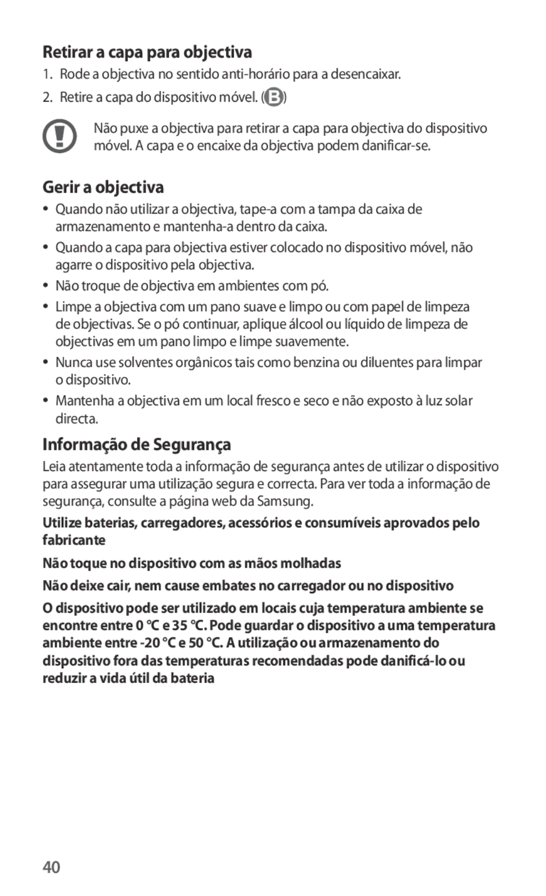 Samsung ET-CG935DBEGWW, ET-CG930DBEGWW manual Retirar a capa para objectiva, Gerir a objectiva, Informação de Segurança 