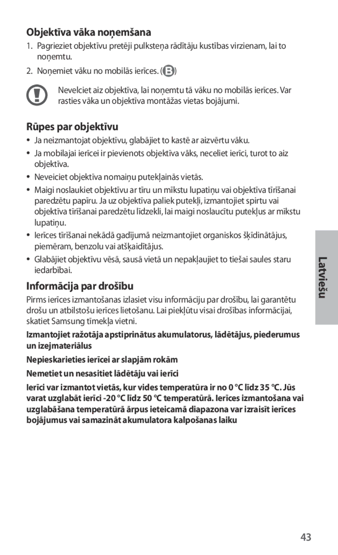 Samsung ET-CG935DBEGRU, ET-CG935DBEGWW Objektīva vāka noņemšana, Rūpes par objektīvu, Informācija par drošību, Latviešu 