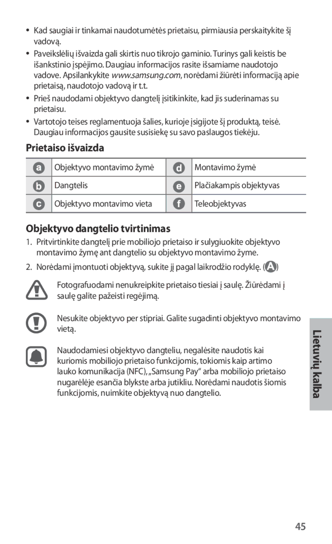 Samsung ET-CG930DBEGWW, ET-CG935DBEGWW Prietaiso išvaizda, Objektyvo dangtelio tvirtinimas, Montavimo žymė, Teleobjektyvas 