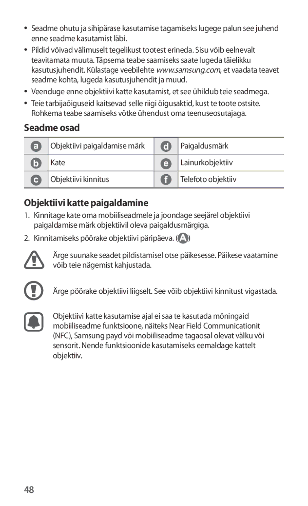 Samsung ET-CG935DBEGWW, ET-CG930DBEGWW, ET-CG930DBEGRU manual Seadme osad, Objektiivi katte paigaldamine, Paigaldusmärk 