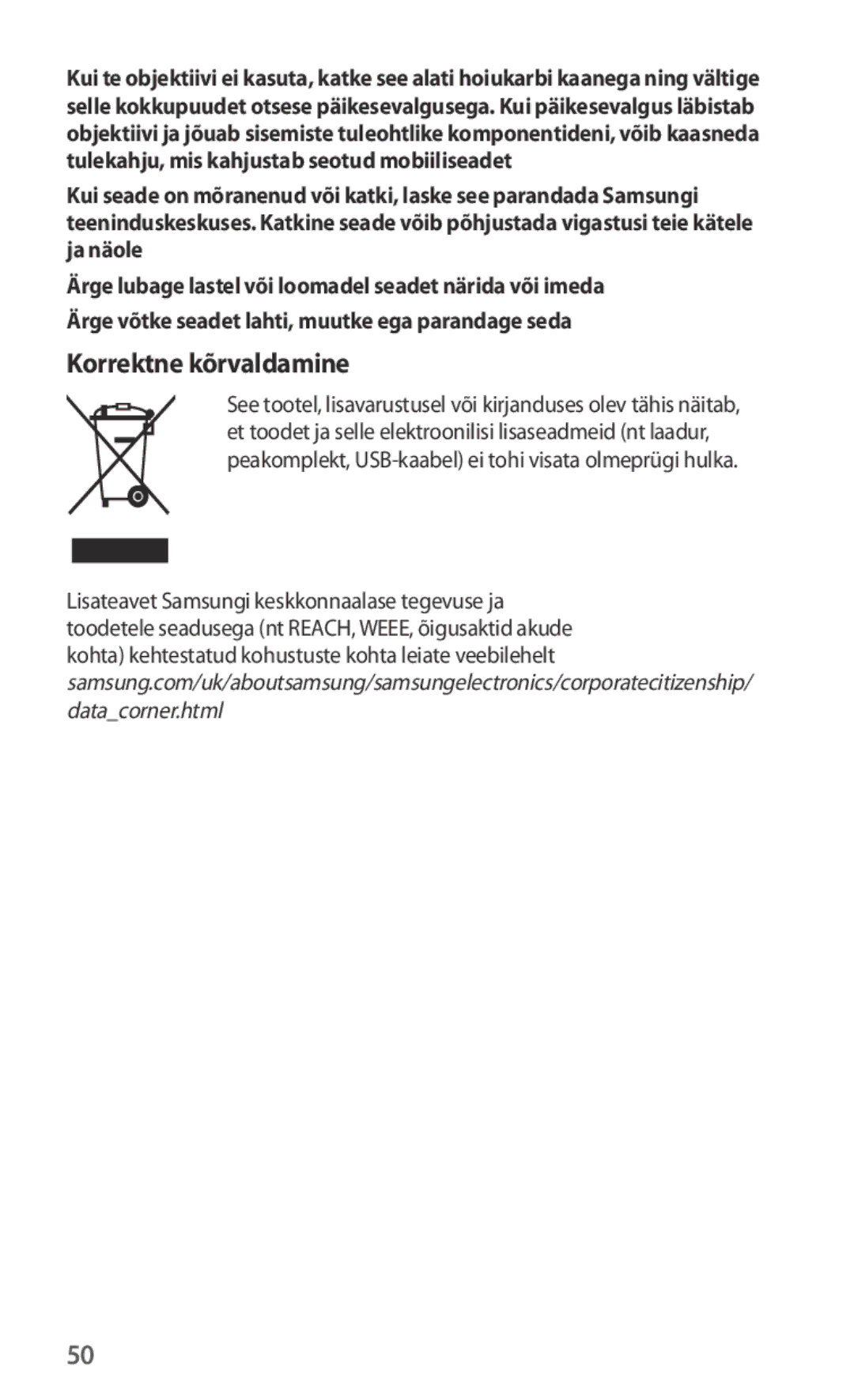 Samsung ET-CG930DBEGRU, ET-CG935DBEGWW, ET-CG930DBEGWW, ET-CG935DBEGRU manual Korrektne kõrvaldamine 