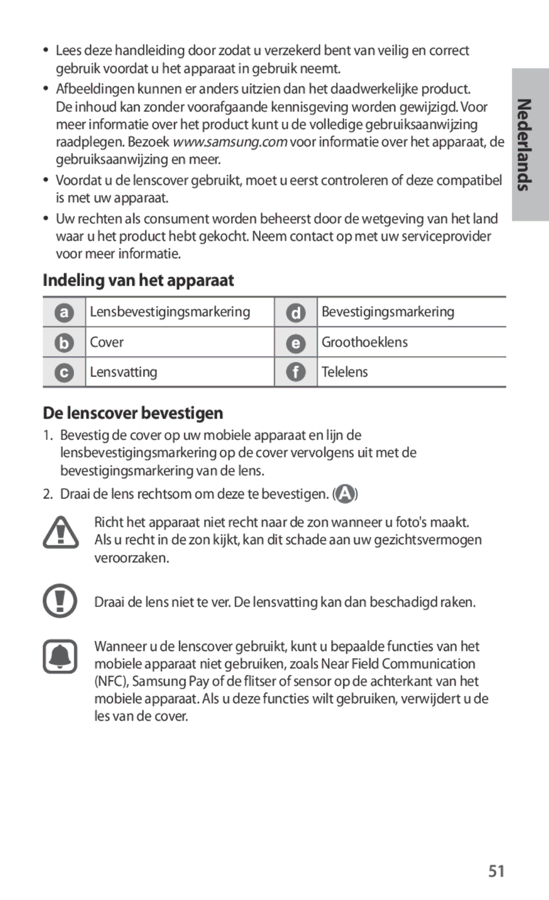 Samsung ET-CG935DBEGRU, ET-CG935DBEGWW manual Indeling van het apparaat, De lenscover bevestigen, Bevestigingsmarkering 