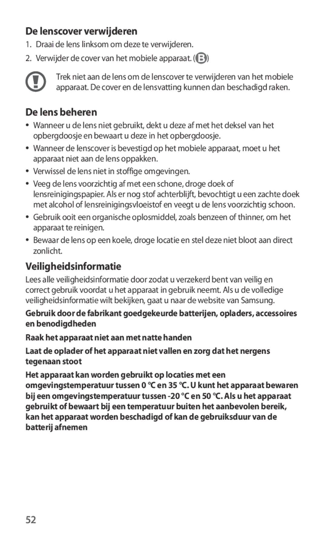 Samsung ET-CG935DBEGWW, ET-CG930DBEGWW, ET-CG930DBEGRU De lenscover verwijderen, De lens beheren, Veiligheidsinformatie 