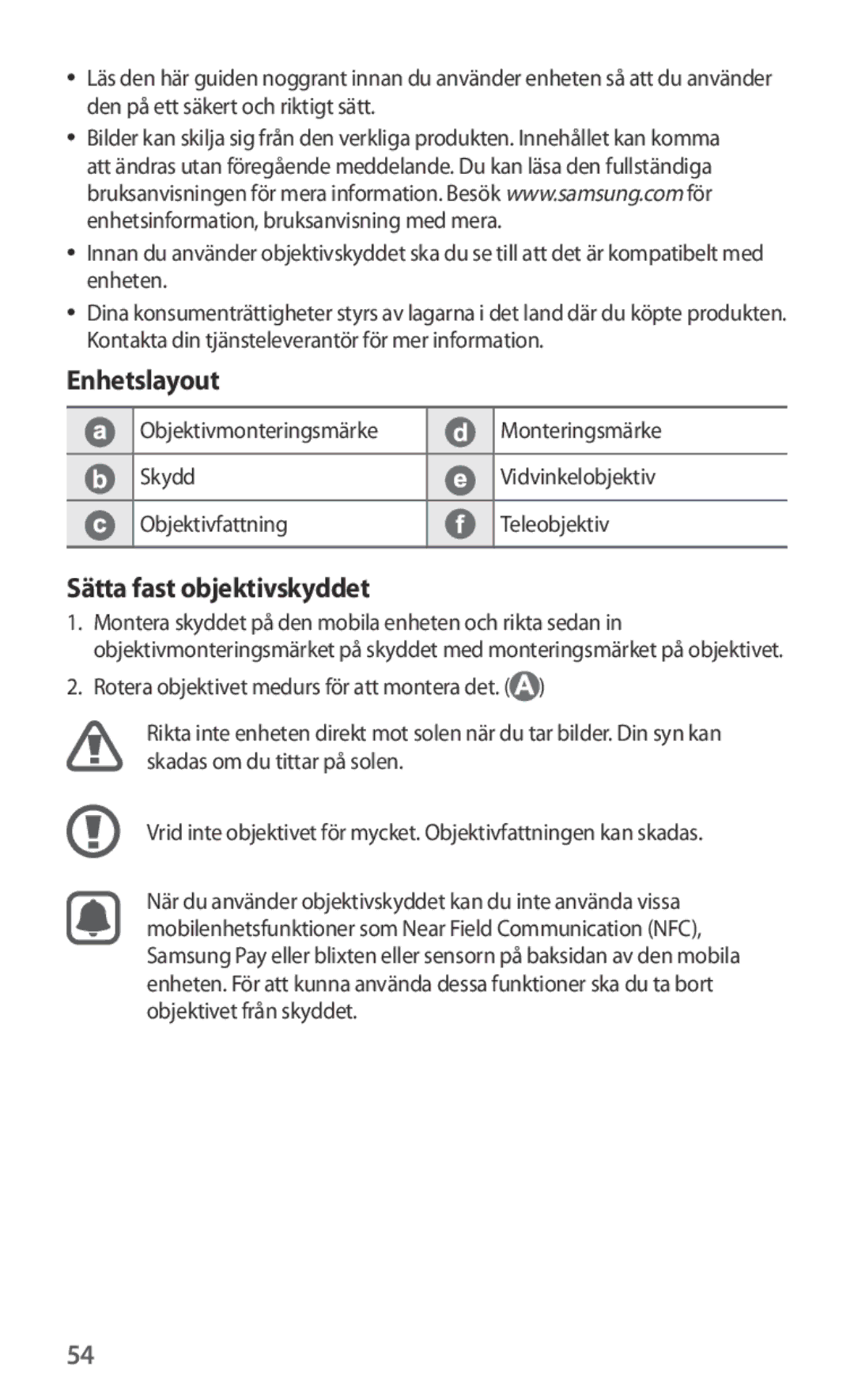 Samsung ET-CG930DBEGRU, ET-CG935DBEGWW, ET-CG930DBEGWW, ET-CG935DBEGRU manual Enhetslayout, Sätta fast objektivskyddet 