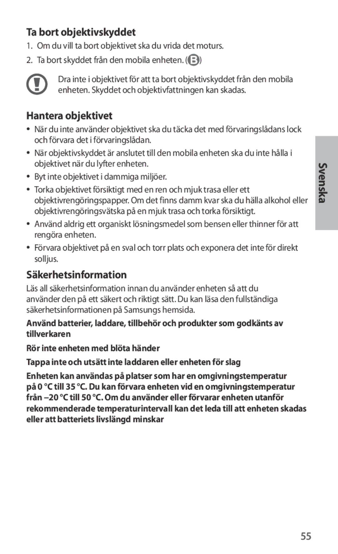 Samsung ET-CG935DBEGRU, ET-CG935DBEGWW manual Ta bort objektivskyddet, Hantera objektivet, Säkerhetsinformation, Svenska 