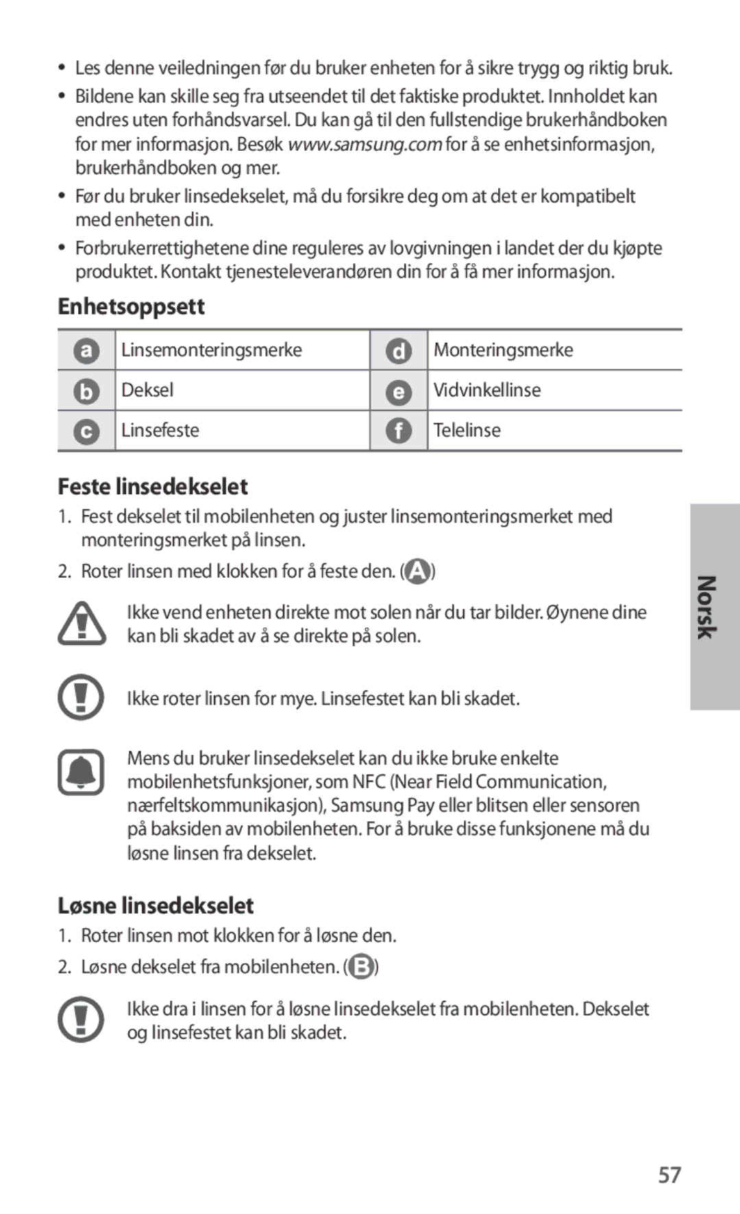 Samsung ET-CG930DBEGWW, ET-CG935DBEGWW, ET-CG930DBEGRU manual Enhetsoppsett, Feste linsedekselet, Løsne linsedekselet, Norsk 