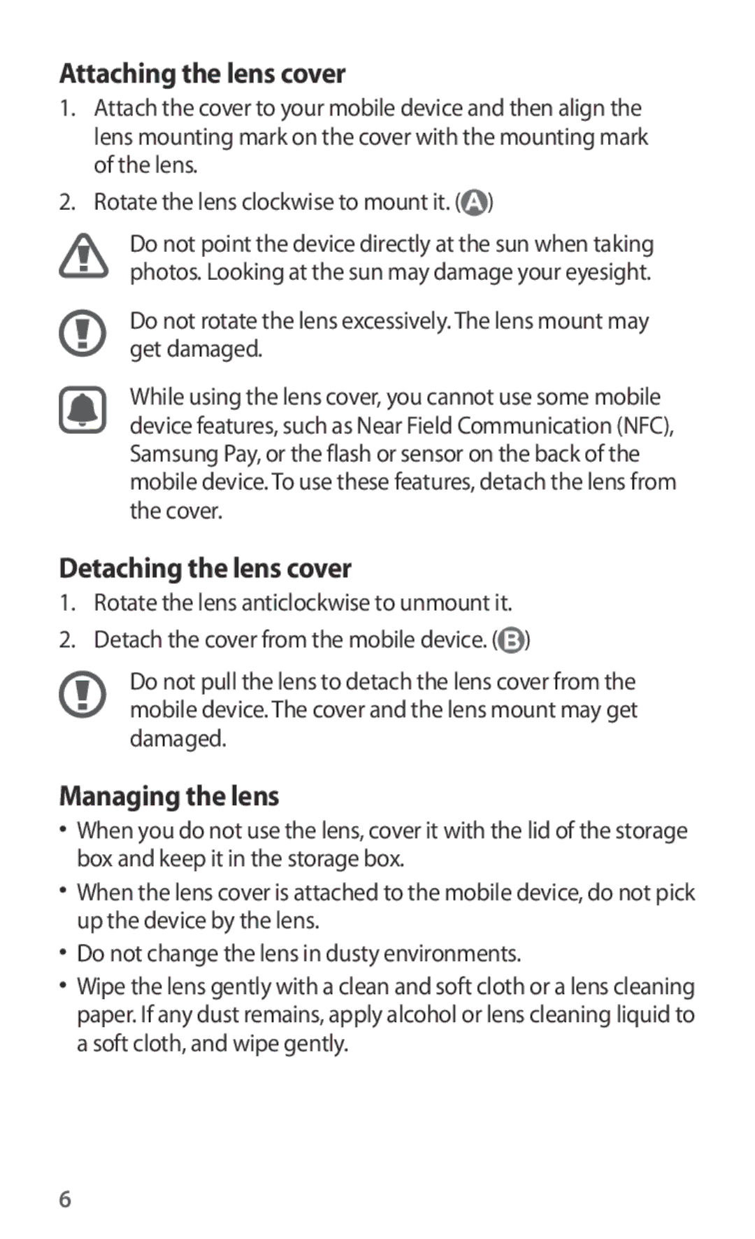 Samsung ET-CG930DBEGRU, ET-CG935DBEGWW, ET-CG930DBEGWW, ET-CG935DBEGRU manual Attaching the lens cover 