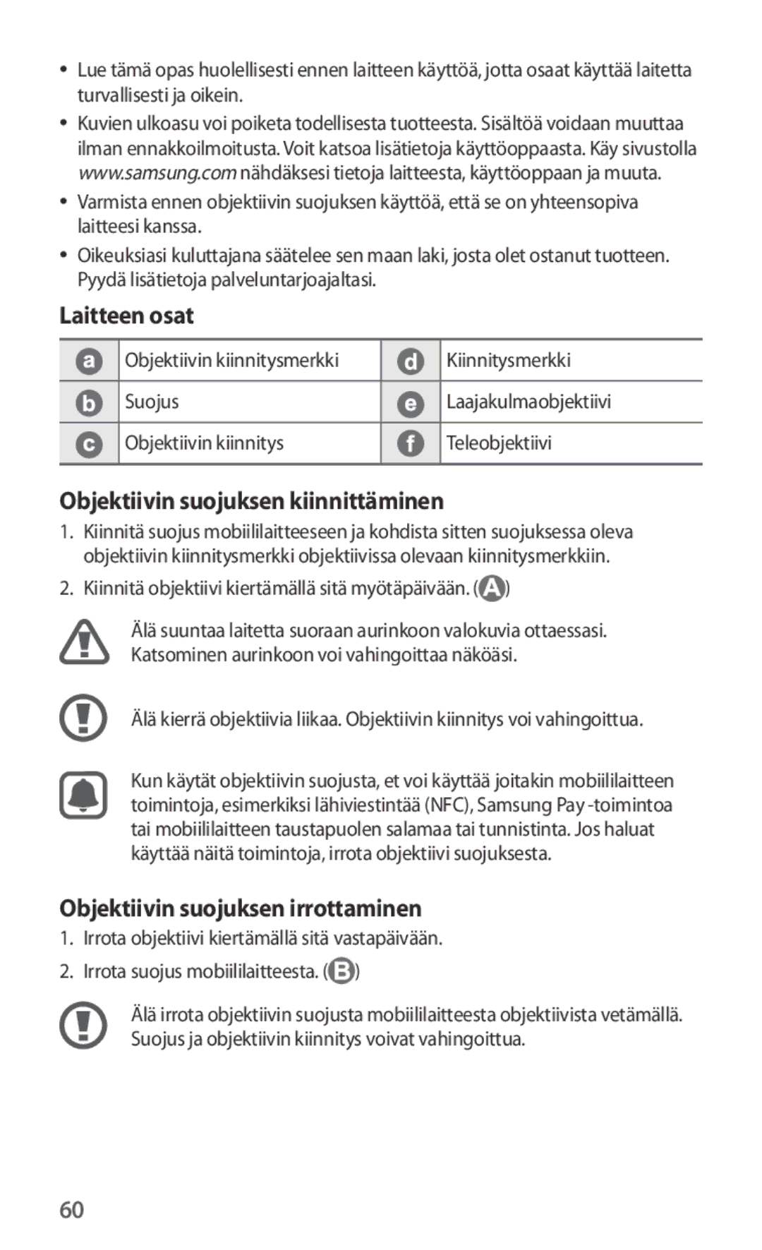 Samsung ET-CG935DBEGWW manual Laitteen osat, Objektiivin suojuksen kiinnittäminen, Objektiivin suojuksen irrottaminen 