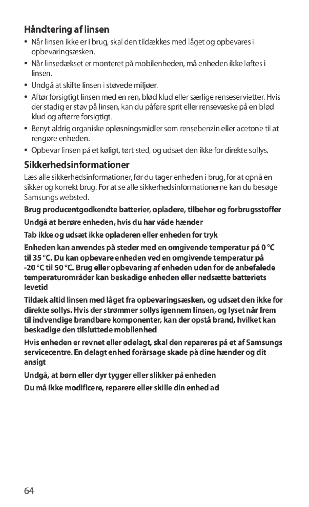 Samsung ET-CG935DBEGWW, ET-CG930DBEGWW, ET-CG930DBEGRU, ET-CG935DBEGRU manual Håndtering af linsen, Sikkerhedsinformationer 