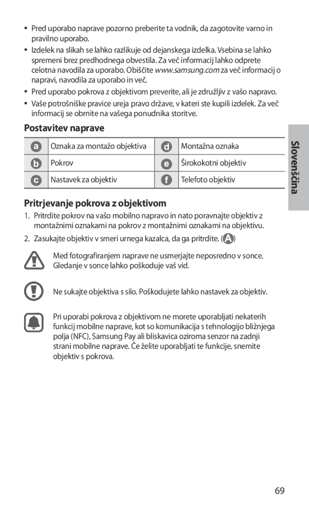 Samsung ET-CG930DBEGWW, ET-CG935DBEGWW Postavitev naprave, Pritrjevanje pokrova z objektivom, Slovenščina, Montažna oznaka 