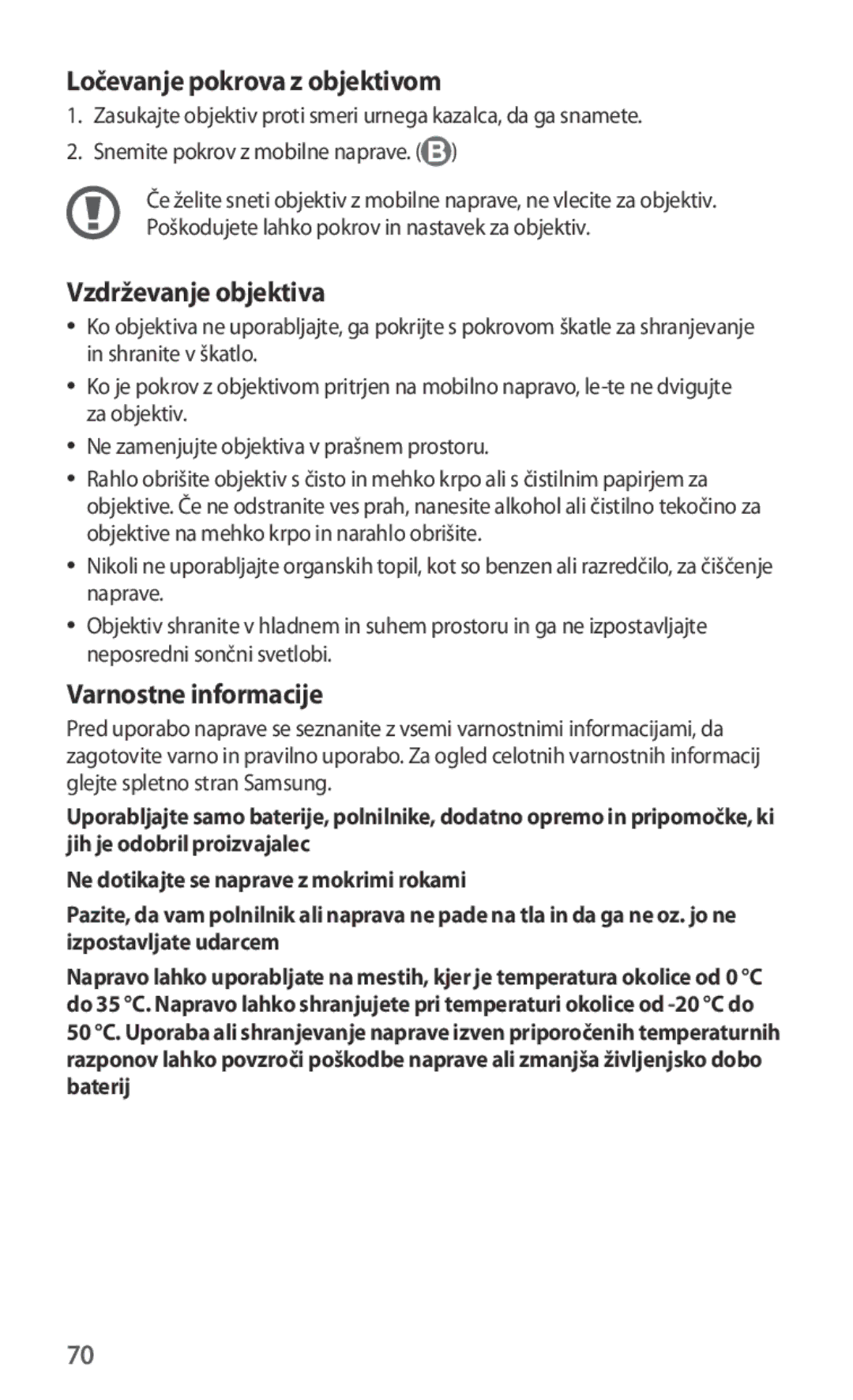 Samsung ET-CG930DBEGRU, ET-CG935DBEGWW manual Ločevanje pokrova z objektivom, Vzdrževanje objektiva, Varnostne informacije 