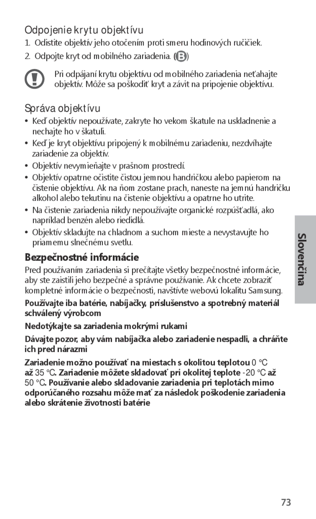 Samsung ET-CG930DBEGWW, ET-CG935DBEGWW, ET-CG930DBEGRU, ET-CG935DBEGRU manual Odpojenie krytu objektívu 