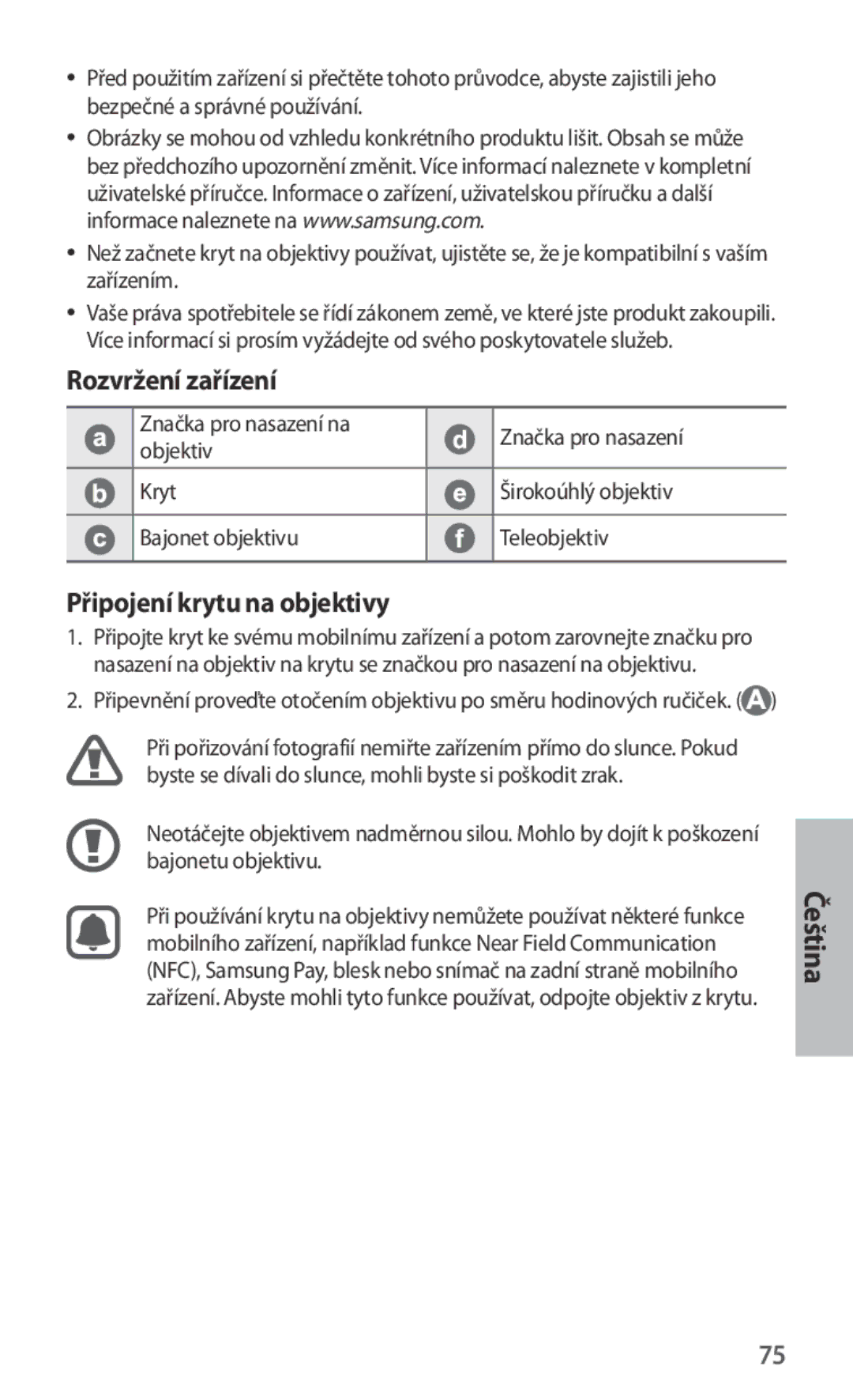 Samsung ET-CG935DBEGRU, ET-CG935DBEGWW, ET-CG930DBEGWW, ET-CG930DBEGRU manual Rozvržení zařízení, Připojení krytu na objektivy 