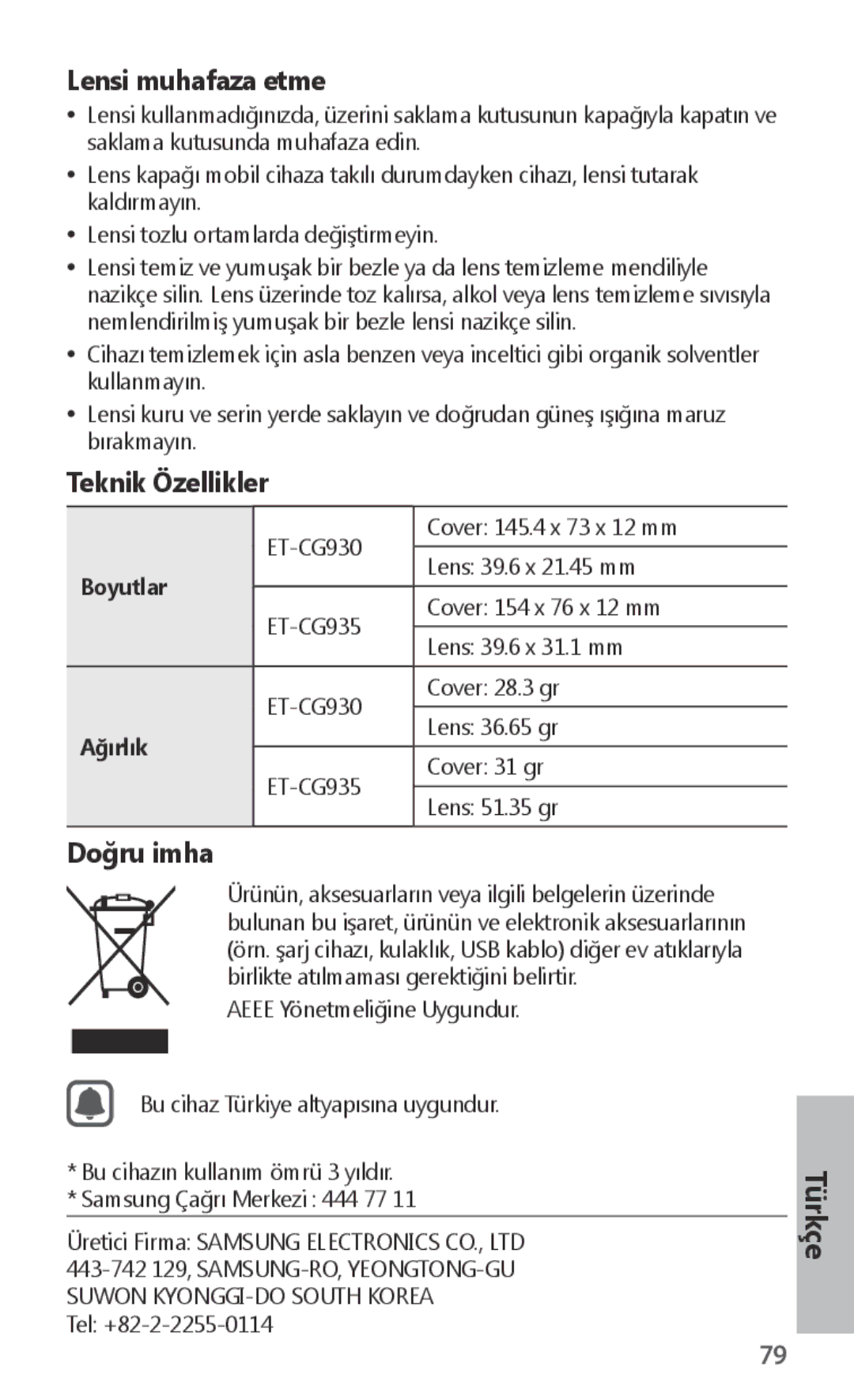 Samsung ET-CG935DBEGRU, ET-CG935DBEGWW, ET-CG930DBEGWW, ET-CG930DBEGRU manual Teknik Özellikler 