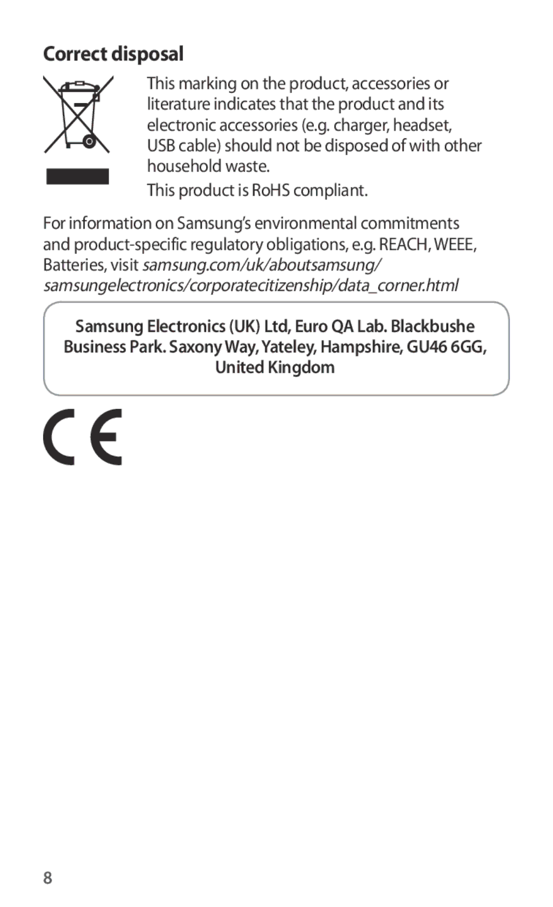 Samsung ET-CG935DBEGWW, ET-CG930DBEGWW, ET-CG930DBEGRU, ET-CG935DBEGRU manual Correct disposal 