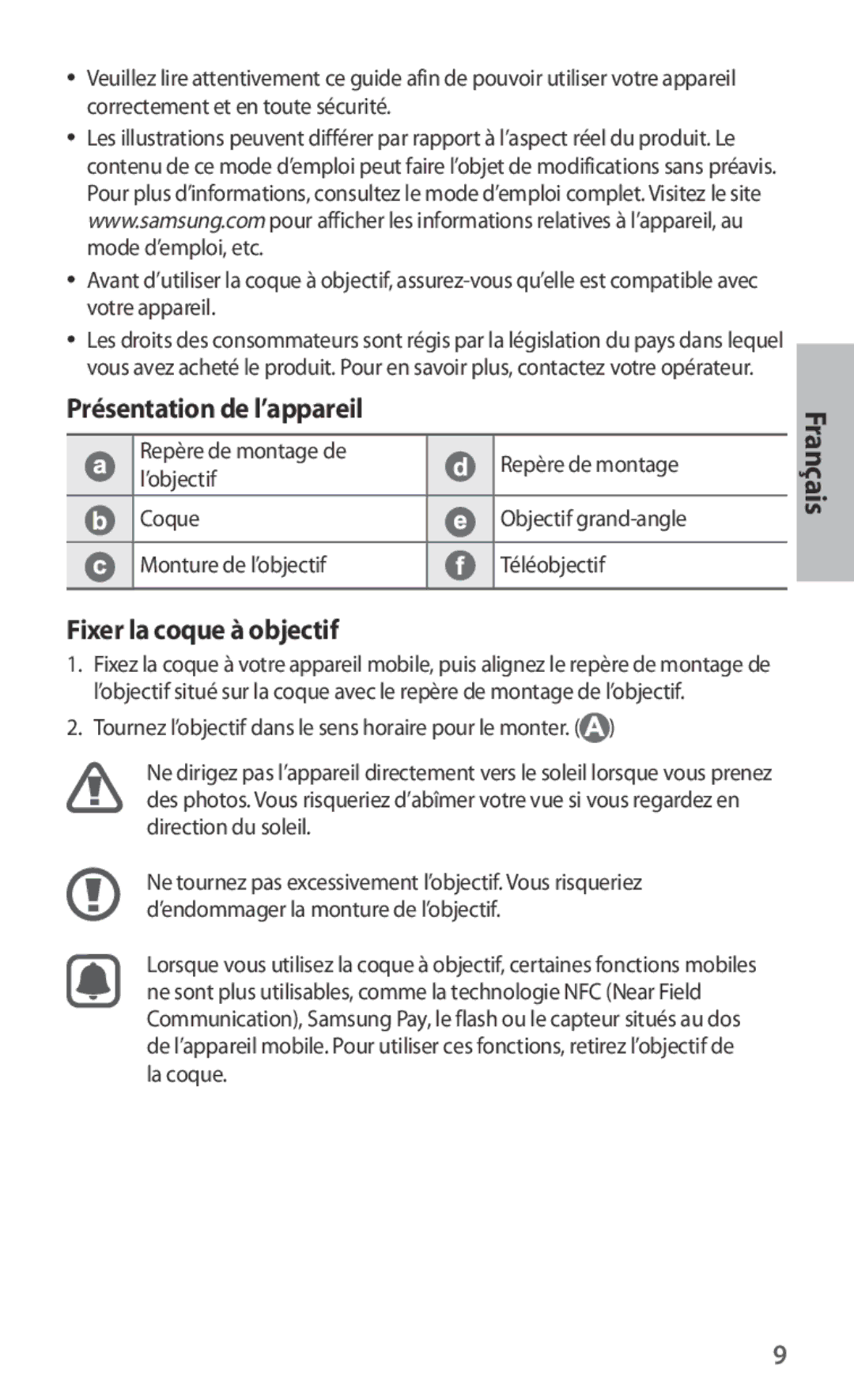 Samsung ET-CG930DBEGWW, ET-CG935DBEGWW, ET-CG930DBEGRU manual Présentation de l’appareil, Fixer la coque à objectif, Français 