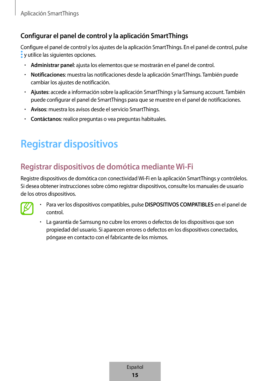 Samsung ET-WV523BWEGVF manual Registrar dispositivos, Configurar el panel de control y la aplicación SmartThings 