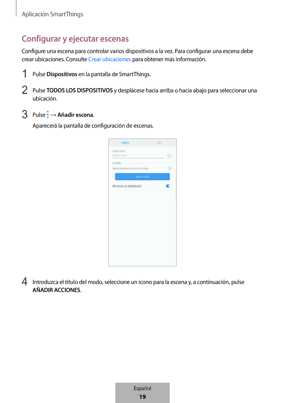 Samsung ET-WV523BWEGVF manual Configurar y ejecutar escenas, Pulse →Añadir escena 