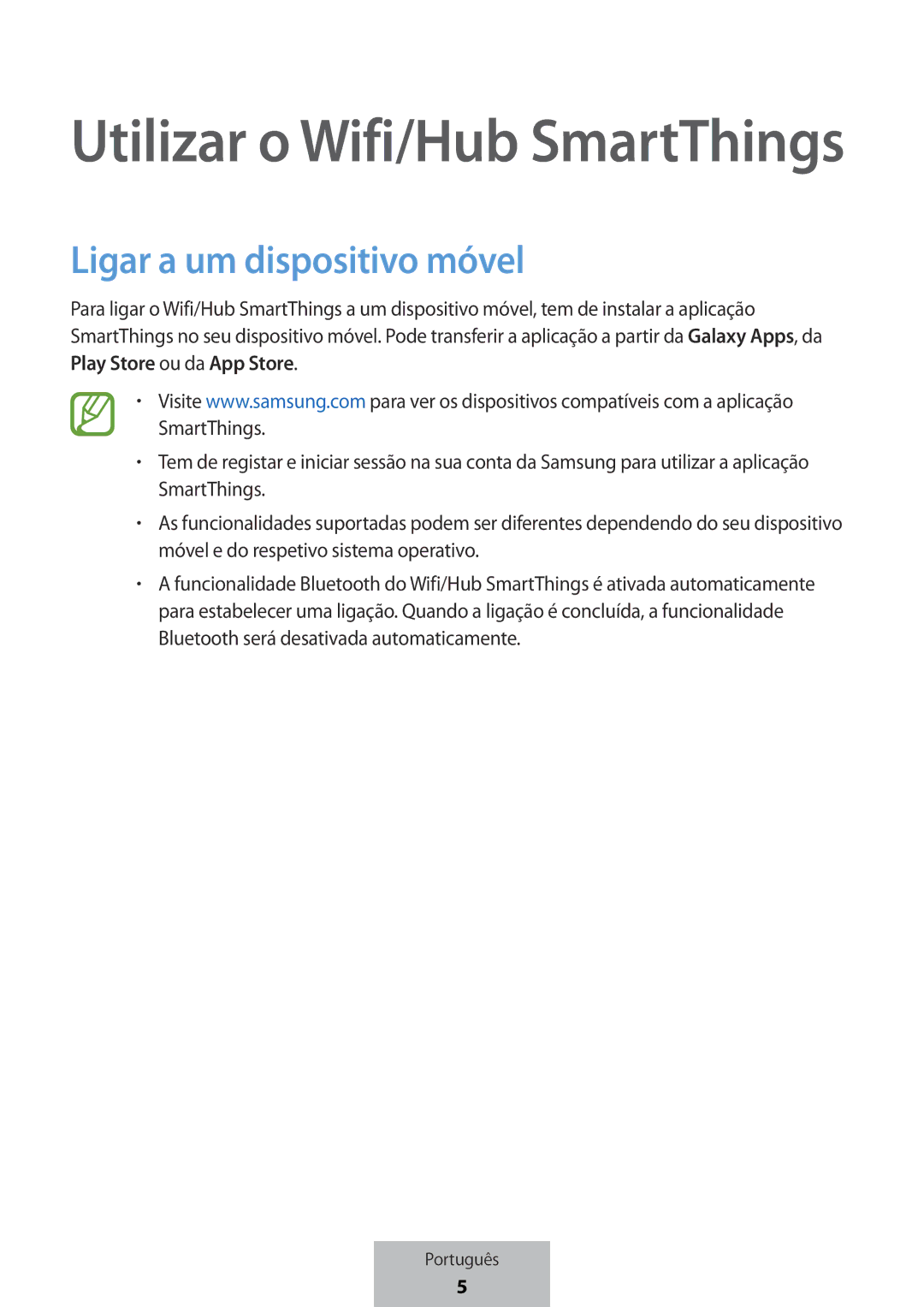 Samsung ET-WV523BWEGVF manual Utilizar o Wifi/Hub SmartThings, Ligar a um dispositivo móvel 