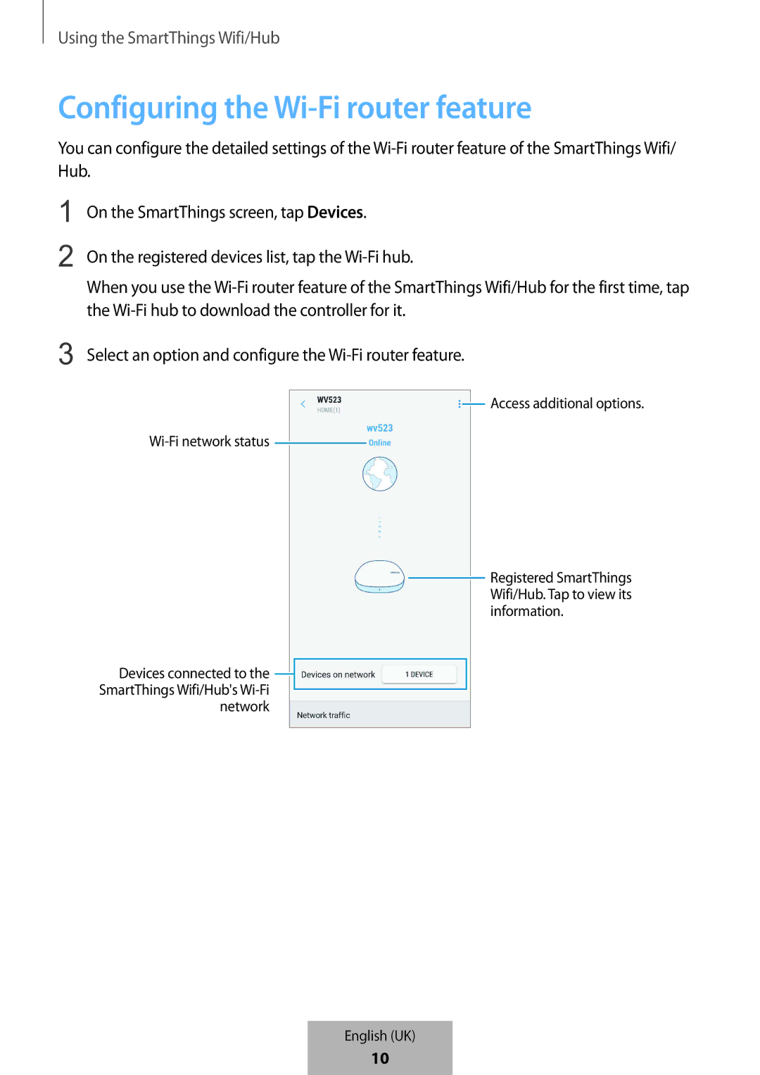 Samsung ET-WV523BWEGVF manual Configuring the Wi-Fi router feature, Access additional options Wi-Fi network status 