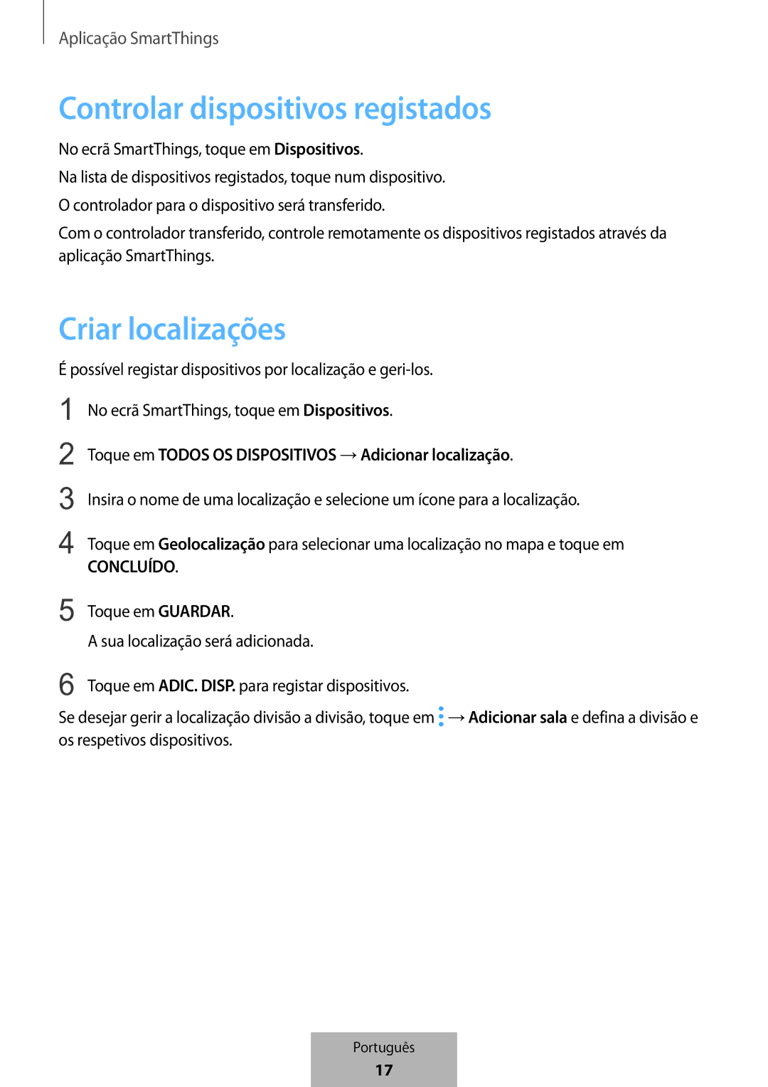 Samsung ET-WV523BWEGVF manual Controlar dispositivos registados, Criar localizações 