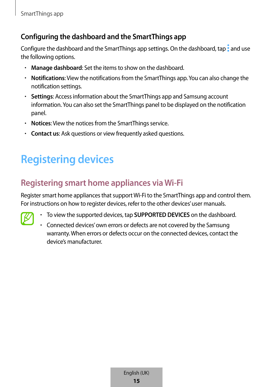 Samsung ET-WV523BWEGVF manual Registering devices, Configuring the dashboard and the SmartThings app 