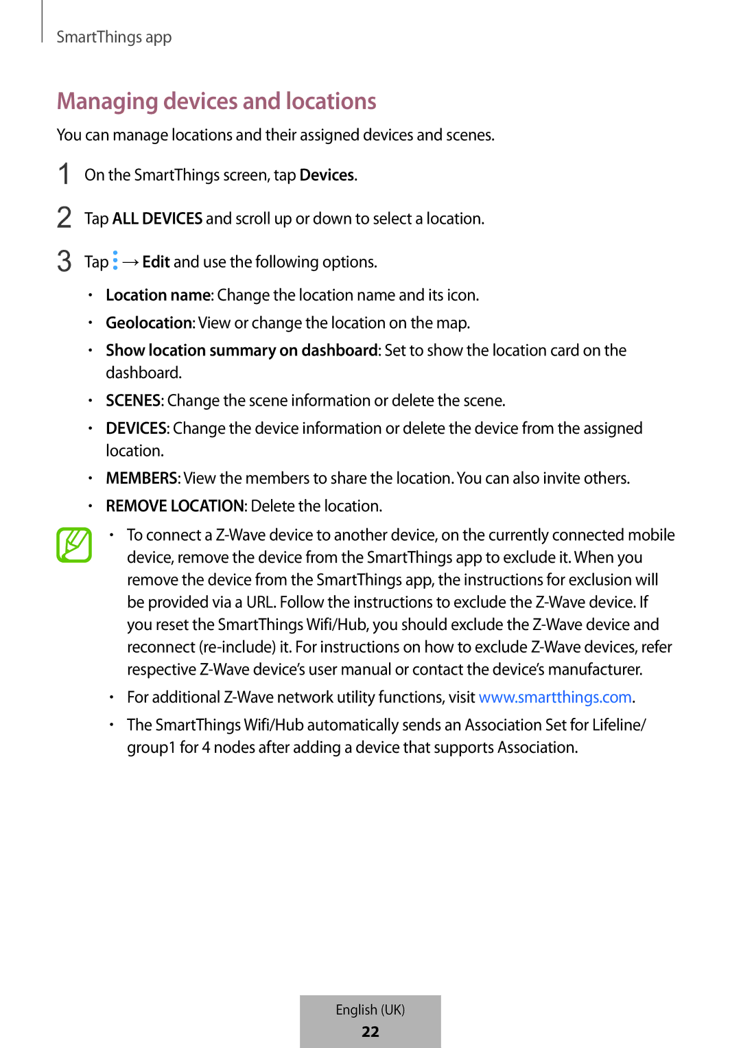 Samsung ET-WV523BWEGVF manual Managing devices and locations 