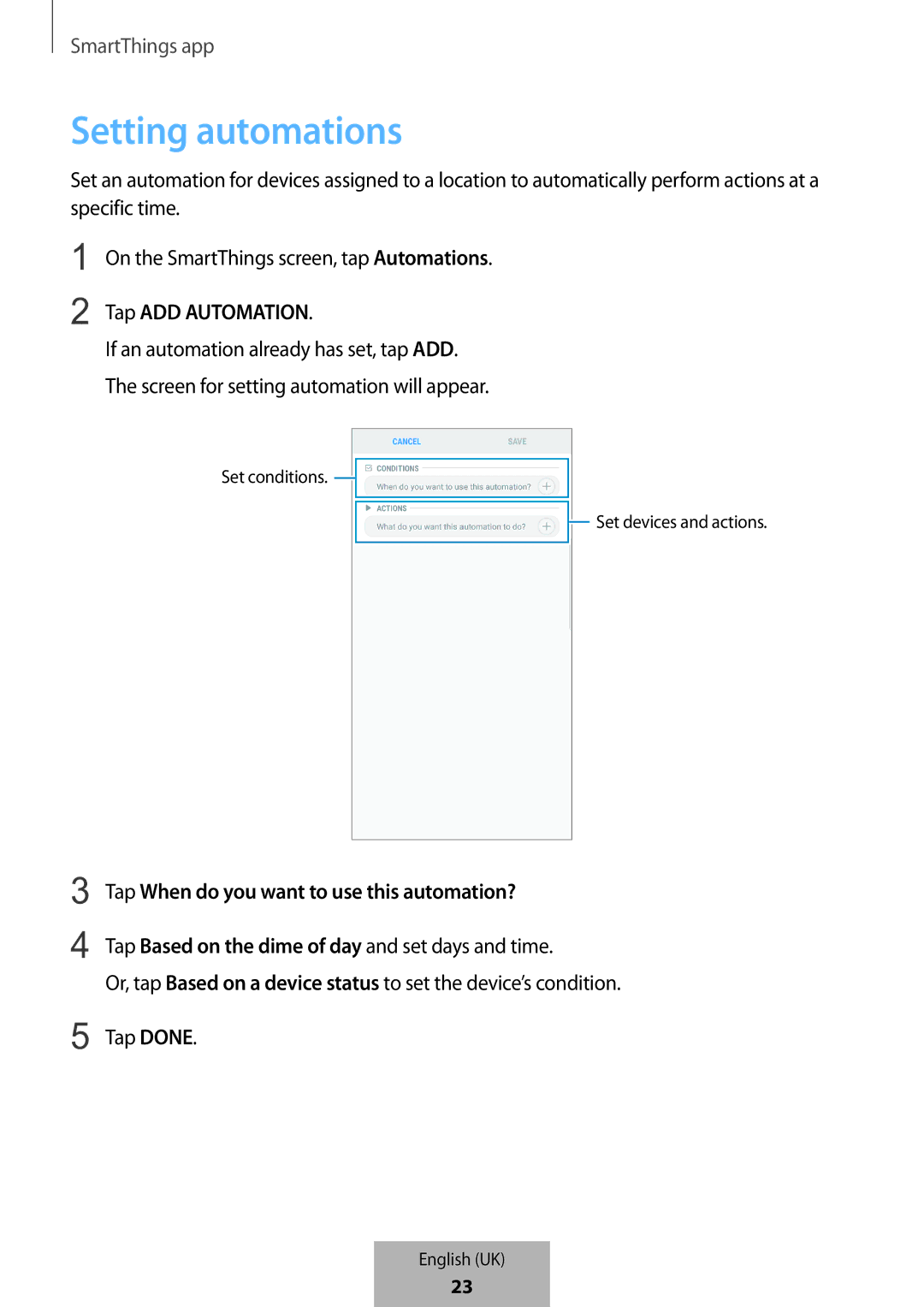 Samsung ET-WV523BWEGVF manual Setting automations, Tap ADD Automation 