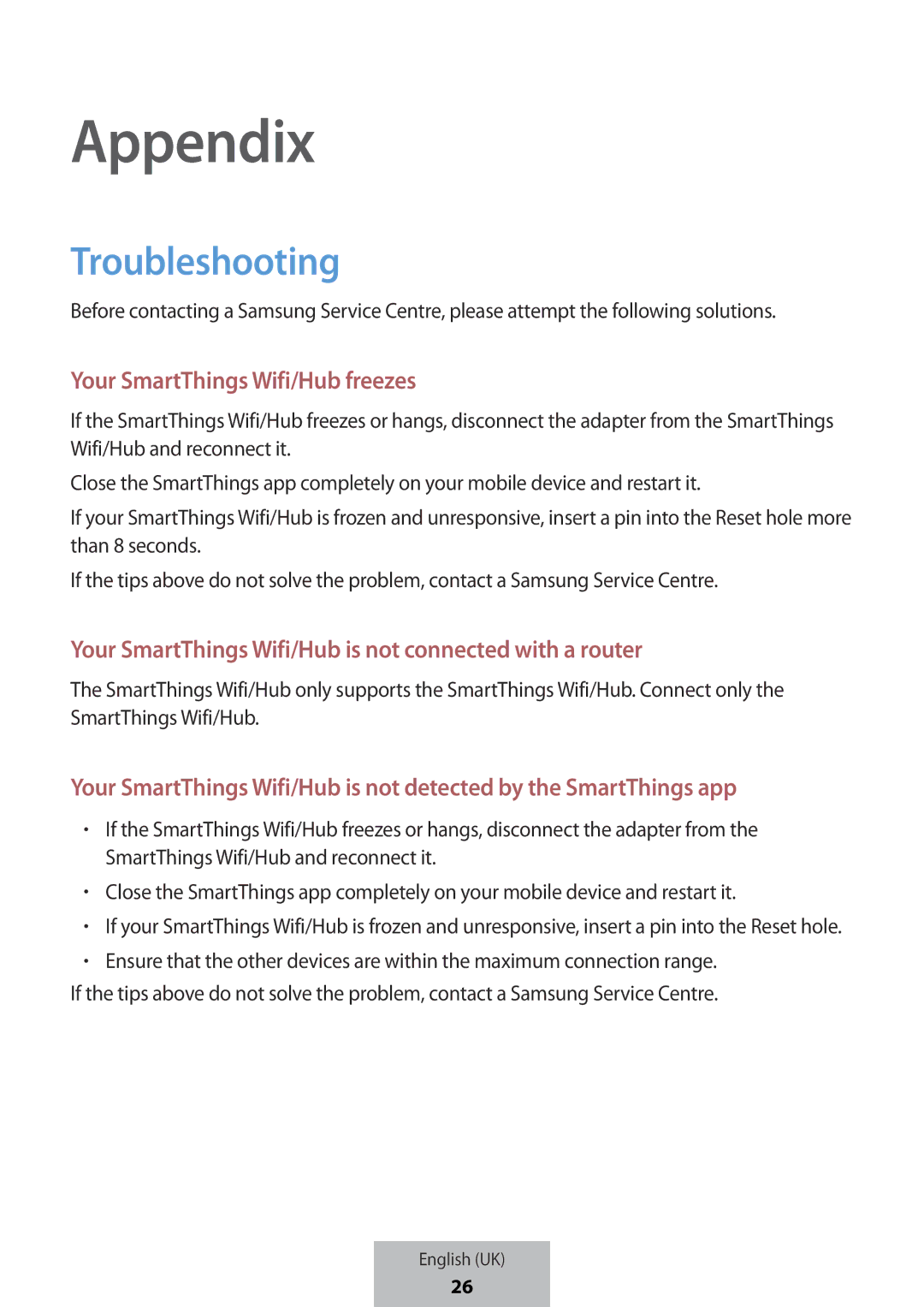 Samsung ET-WV523BWEGVF manual Appendix, Troubleshooting 