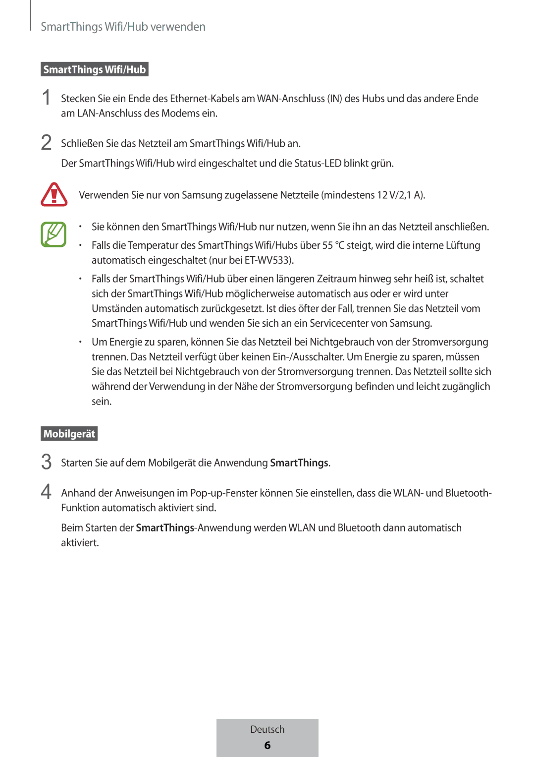 Samsung ET-WV523BWEGVF manual SmartThings Wifi/Hub verwenden 