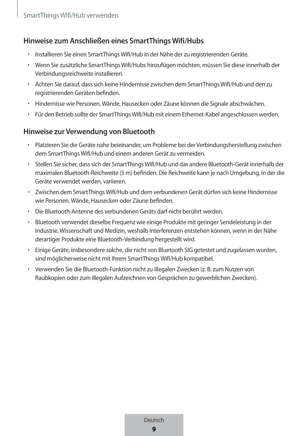 Samsung ET-WV523BWEGVF manual Hinweise zum Anschließen eines SmartThings Wifi/Hubs, Hinweise zur Verwendung von Bluetooth 