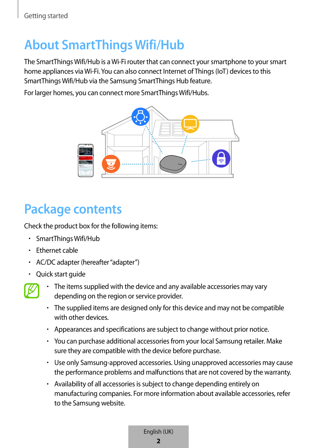 Samsung ET-WV523BWEGVF manual About SmartThings Wifi/Hub, Package contents 