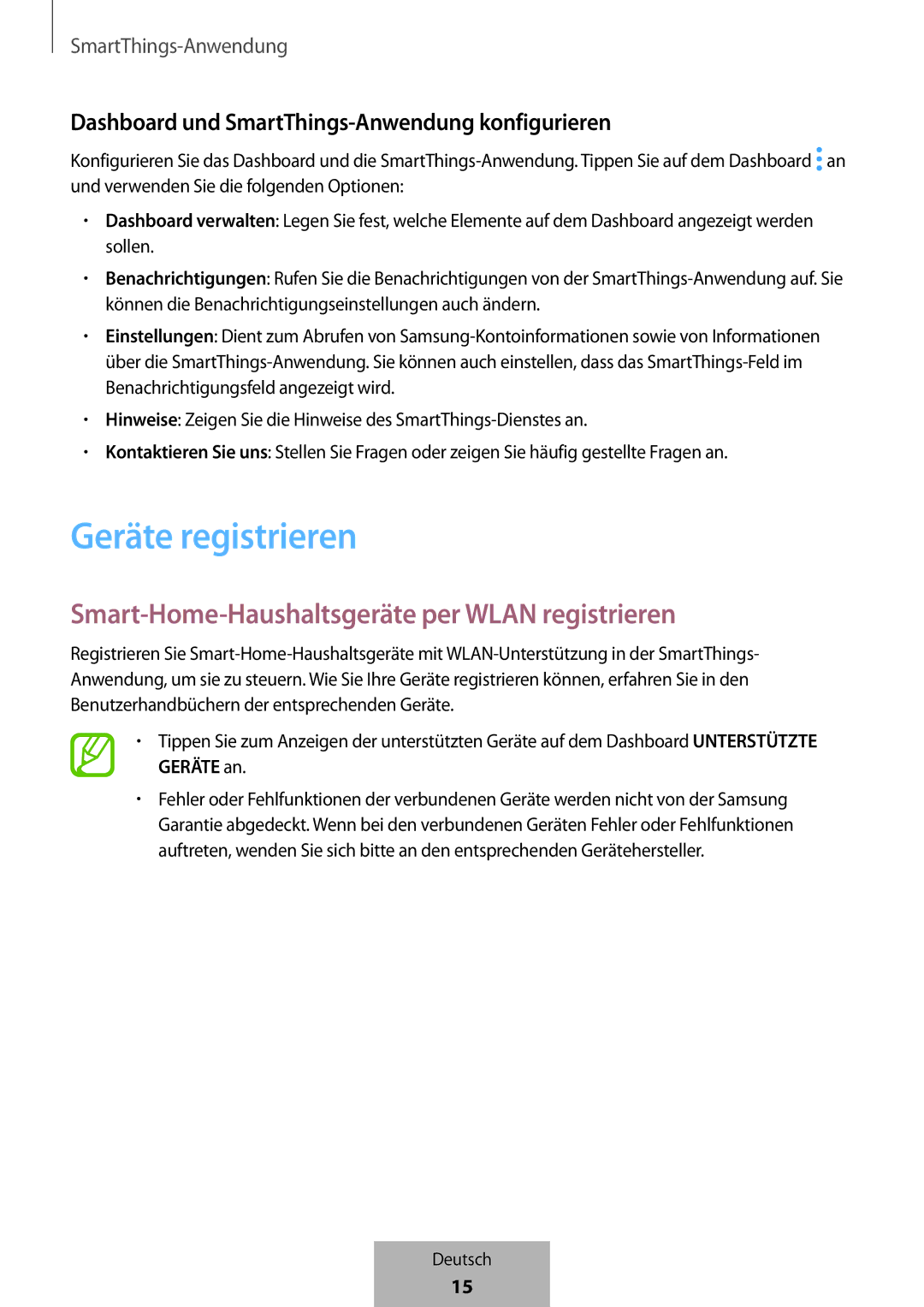 Samsung ET-WV523BWEGVF manual Geräte registrieren, Dashboard und SmartThings-Anwendung konfigurieren 