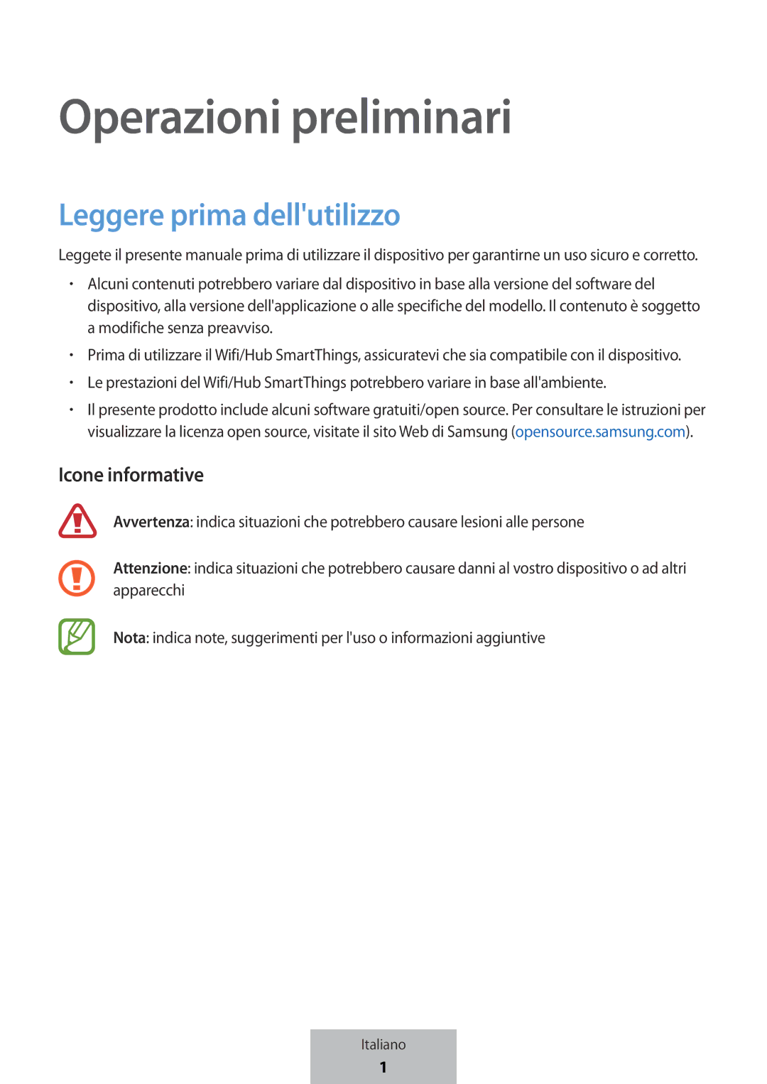 Samsung ET-WV523BWEGVF manual Leggere prima dellutilizzo, Icone informative 