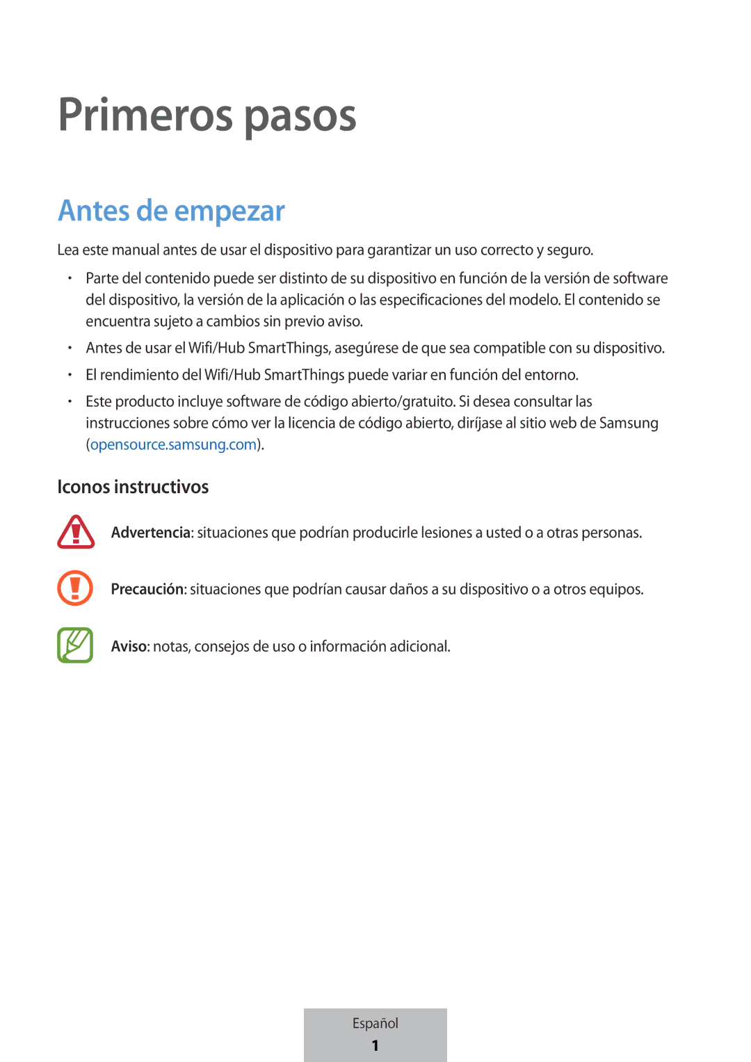 Samsung ET-WV523BWEGVF manual Antes de empezar, Iconos instructivos 