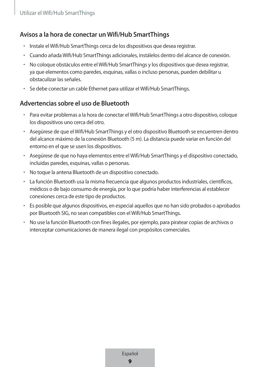 Samsung ET-WV523BWEGVF manual Avisos a la hora de conectar un Wifi/Hub SmartThings, Advertencias sobre el uso de Bluetooth 