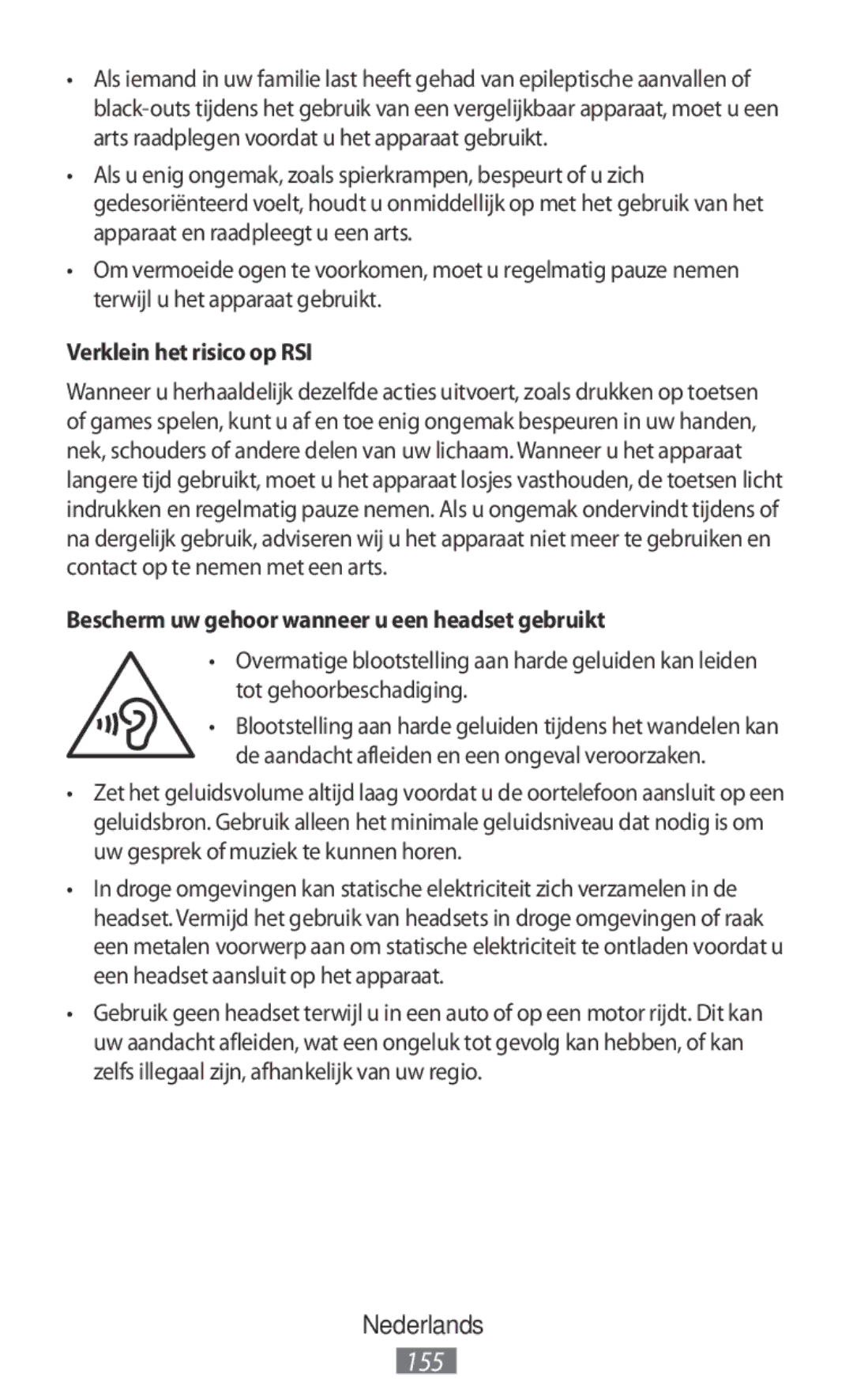 Samsung ET-YC200BBEGWW, EI-YP322BBEGWW manual Verklein het risico op RSI, Bescherm uw gehoor wanneer u een headset gebruikt 