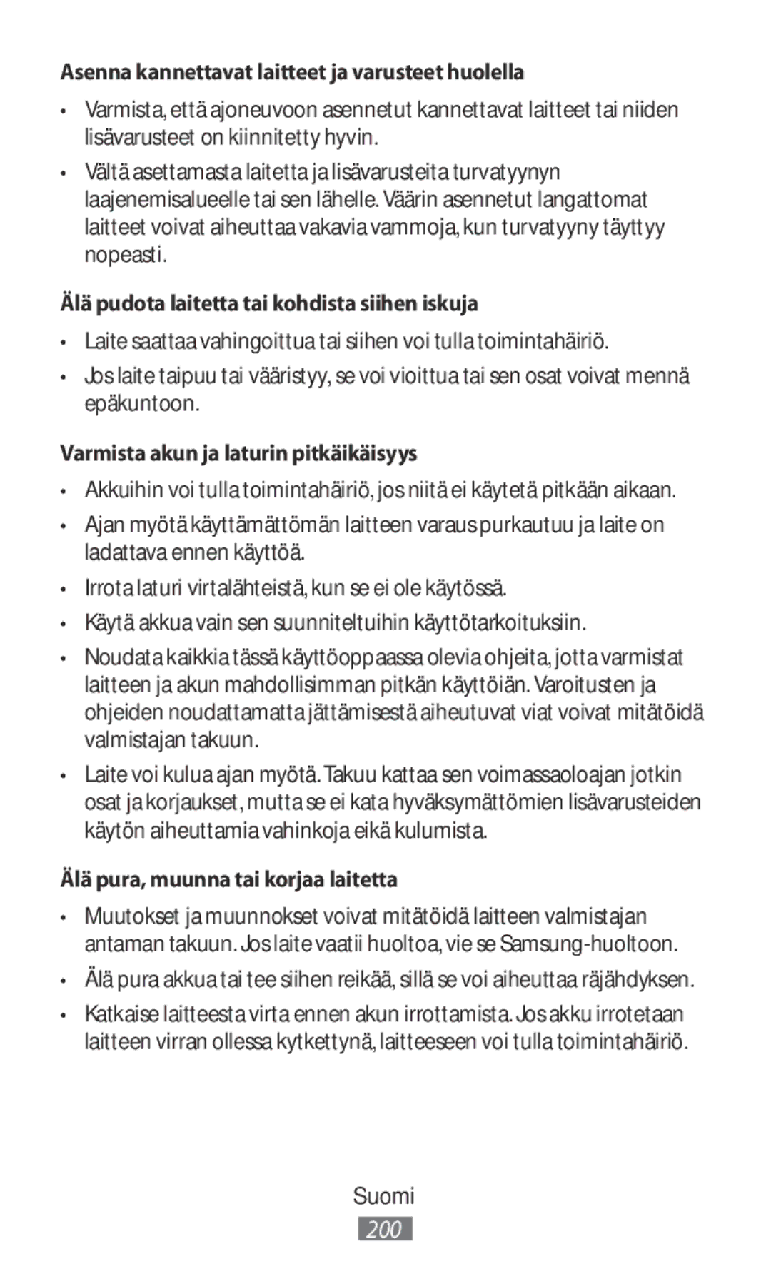 Samsung ET-YC200BBEGWW Asenna kannettavat laitteet ja varusteet huolella, Älä pudota laitetta tai kohdista siihen iskuja 