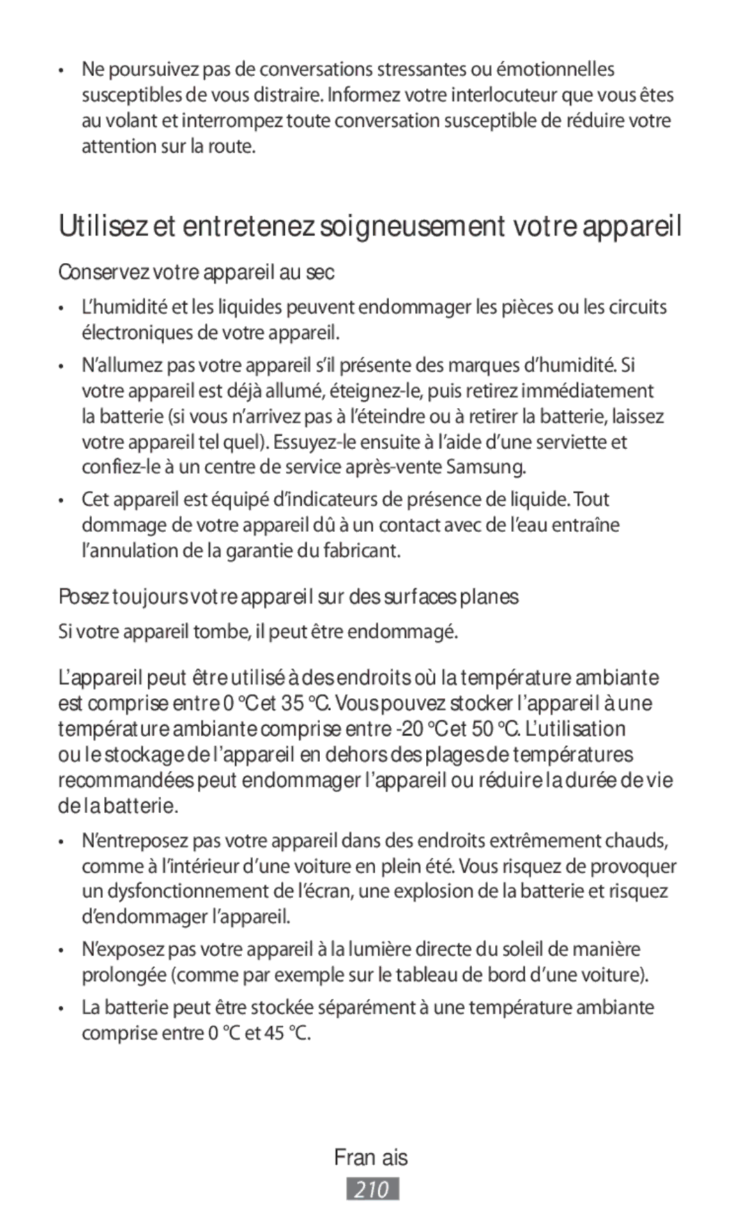 Samsung EI-YP322BBEGWW manual Utilisez et entretenez soigneusement votre appareil, Conservez votre appareil au sec 