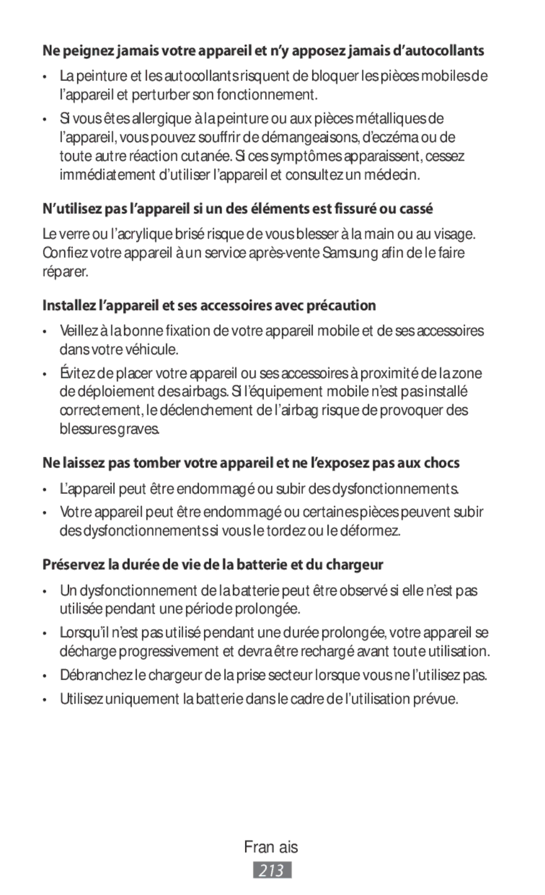 Samsung EI-YP322BBEGWW, ET-YC200BBEGWW, ET-YC200BBEGRU manual Installez l’appareil et ses accessoires avec précaution 