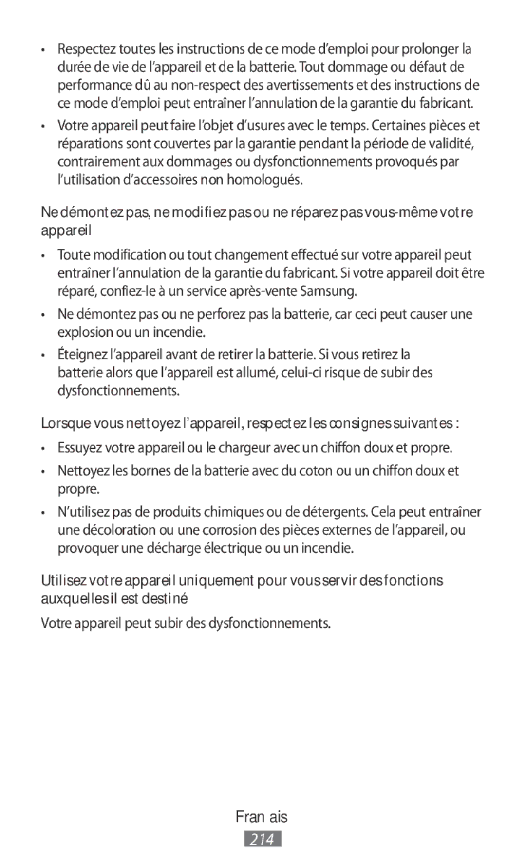 Samsung ET-YC200BBEGRU, ET-YC200BBEGWW, EI-YP322BBEGWW manual Votre appareil peut subir des dysfonctionnements 