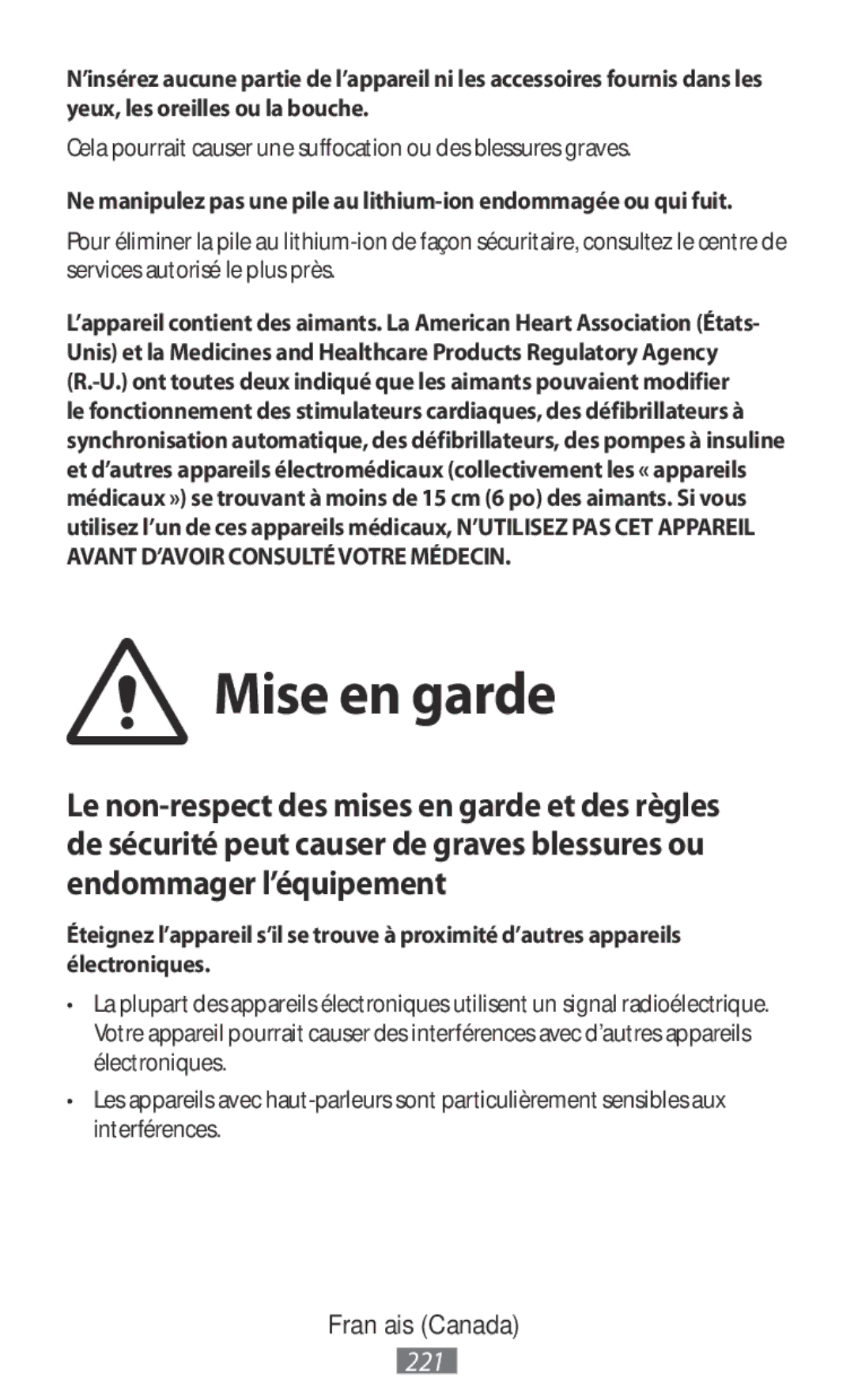 Samsung ET-YC200BBEGWW, EI-YP322BBEGWW manual Mise en garde, Cela pourrait causer une suffocation ou des blessures graves 