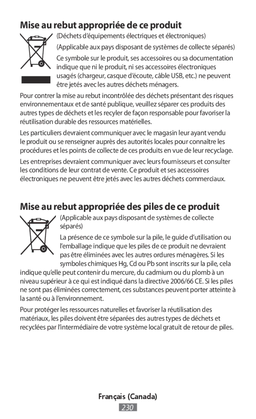 Samsung ET-YC200BBEGWW manual Mise au rebut appropriée de ce produit, Mise au rebut appropriée des piles de ce produit 