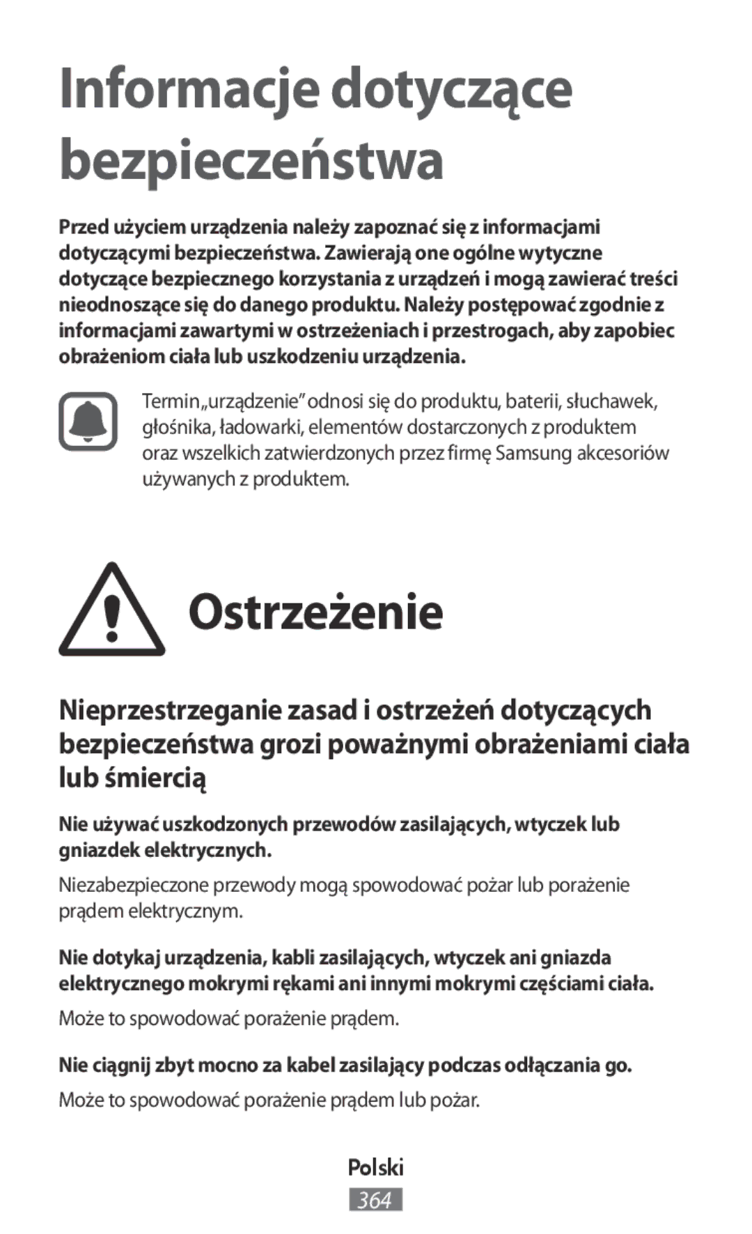 Samsung ET-YC200BBEGRU, ET-YC200BBEGWW manual Ostrzeżenie, Może to spowodować porażenie prądem lub pożar, Polski 