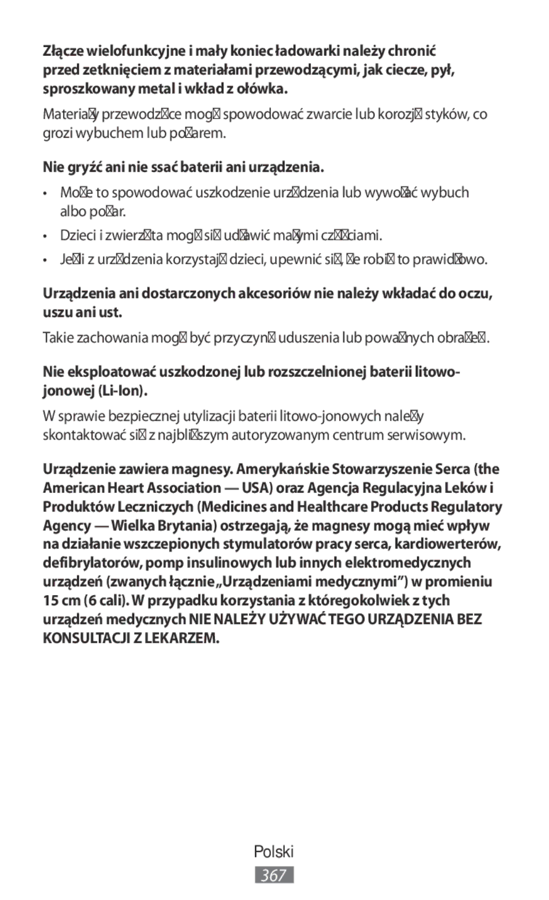 Samsung ET-YC200BBEGRU, ET-YC200BBEGWW, EI-YP322BBEGWW manual Nie gryźć ani nie ssać baterii ani urządzenia 