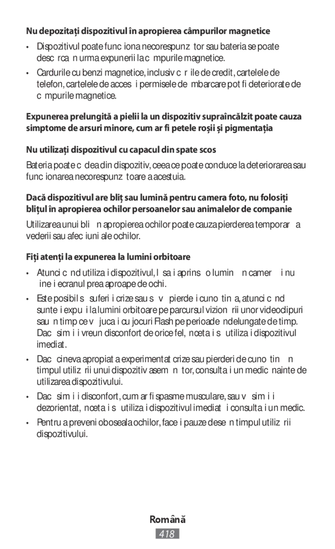 Samsung ET-YC200BBEGRU Nu utilizaţi dispozitivul cu capacul din spate scos, Fiţi atenţi la expunerea la lumini orbitoare 