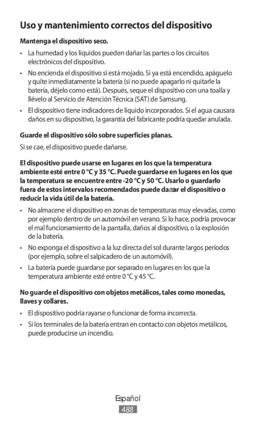 Samsung ET-YC200BBEGWW, EI-YP322BBEGWW Mantenga el dispositivo seco, Guarde el dispositivo sólo sobre superficies planas 