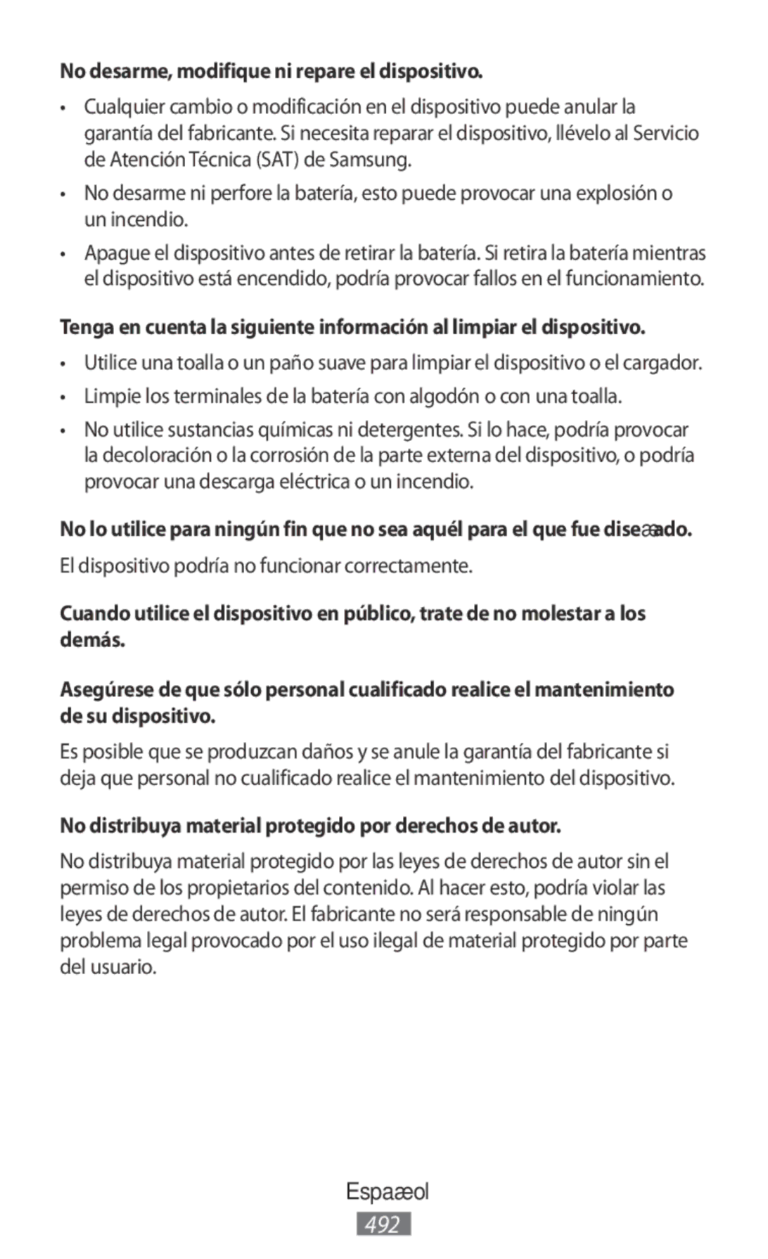 Samsung EI-YP322BBEGWW No desarme, modifique ni repare el dispositivo, El dispositivo podría no funcionar correctamente 