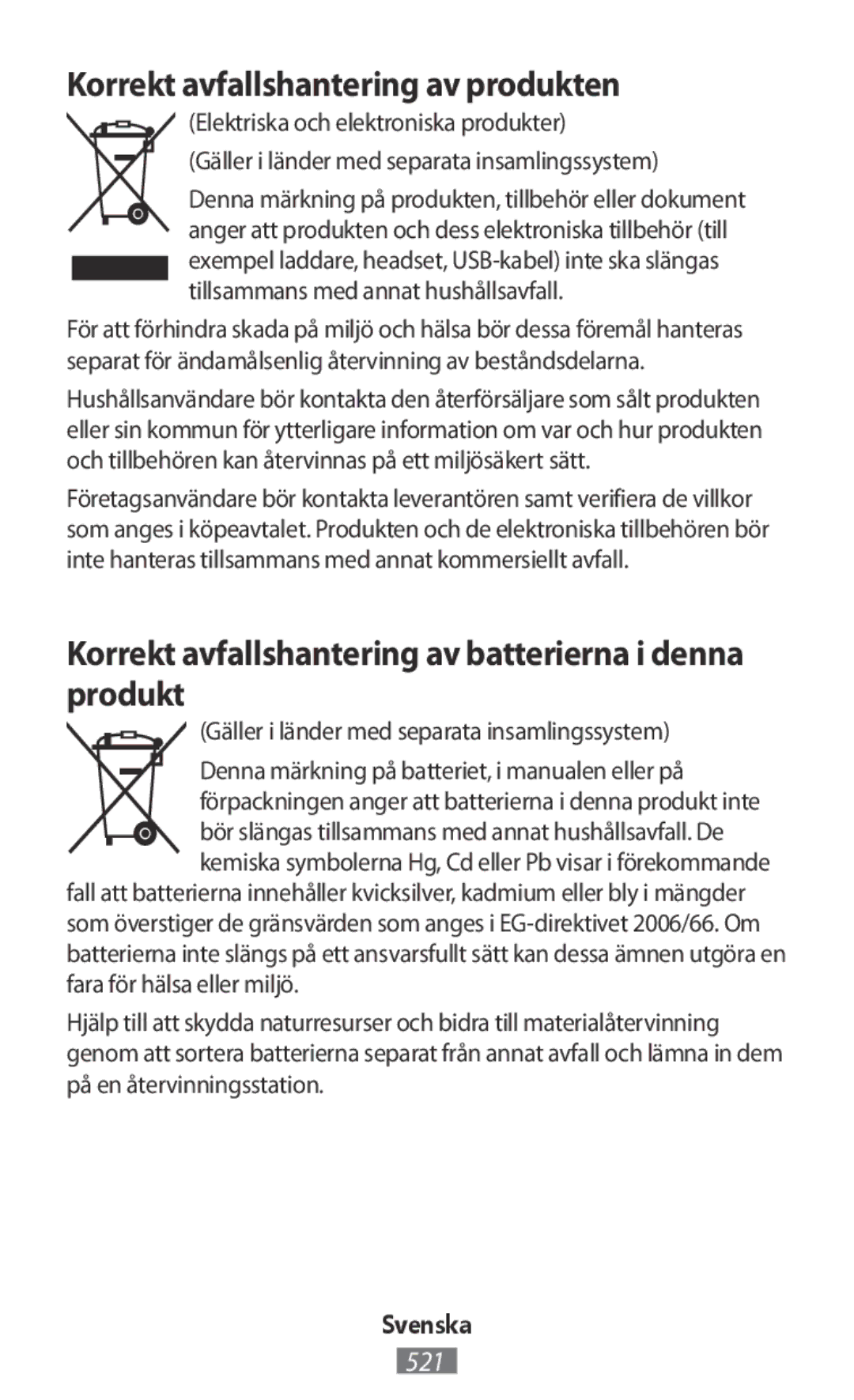 Samsung ET-YC200BBEGWW Korrekt avfallshantering av produkten, Korrekt avfallshantering av batterierna i denna produkt 