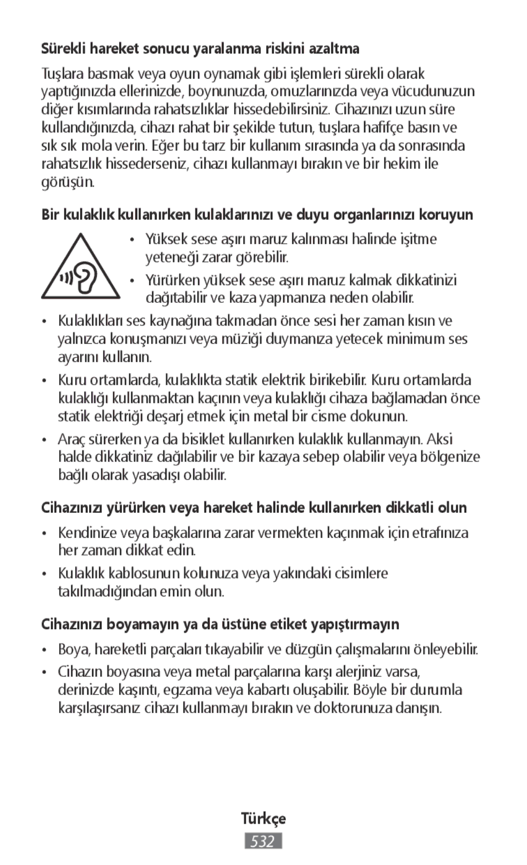 Samsung ET-YC200BBEGRU, ET-YC200BBEGWW, EI-YP322BBEGWW manual Sürekli hareket sonucu yaralanma riskini azaltma 